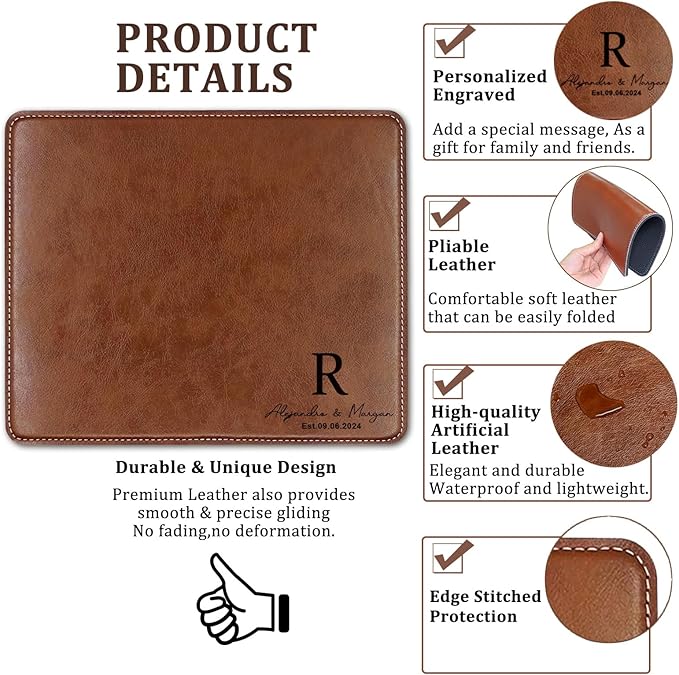 Personalized Leather Custom Mouse Pad with Wrist Rest,Customized Mouse Pads for Desk,Perfect Gift for Weddings, Anniversaries, Birthdays,and Special Occasions (A (Brown-Rectangle))