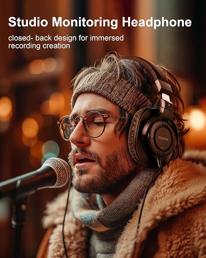 Over Ear Wired Headphones MR810, Studio Monitor Headset with Closed Back Design Flexibale Professional Stereo Headphone with 3m Cable for Studio Monitering, Recording, Podcasting (Black)