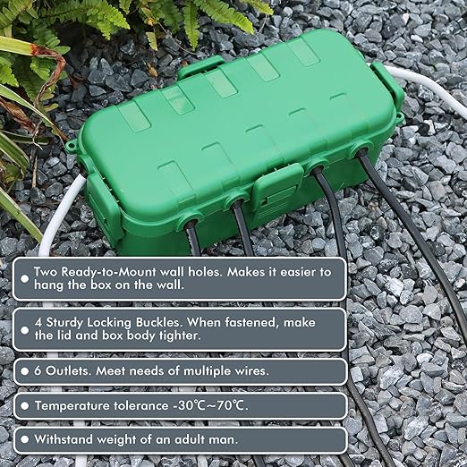 RESTMO Outdoor Electrical Box, IP54 Weatherproof Extension Cord Cover with 6 Cable Entry Ports, Waterproof Connection Box Protect Power Strip, Timer, Plug, Holiday Lights, (11.5x5.2x4 inch), Green
