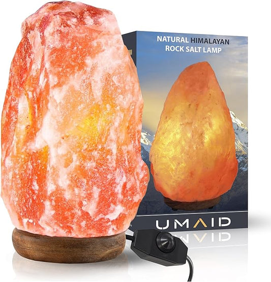 UMAID Himalayan Salt Lamp 8-10 inch (7-11 lb) with Dimmable Switch and Night Light Bulb on Handcrafted Wooden Base, Natural Pink Rock Salt Lamp