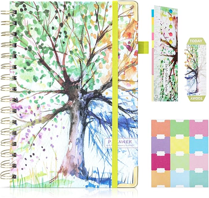 Ospelelf Undated Planner Daily Spiral Binding Weekly Monthly Hardcover Mini Academic Planners with Stickers 12 Months Productivity Aesthetic Journey Booklet Size Colorful Tree