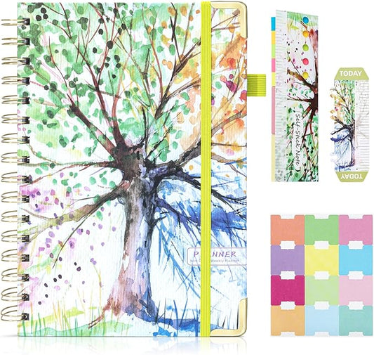 Ospelelf Undated Planner Daily Spiral Binding Weekly Monthly Hardcover Mini Academic Planners with Stickers 12 Months Productivity Aesthetic Journey Booklet Size Colorful Tree