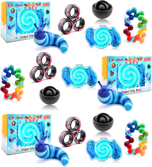 Cevioce 15Pcs Fidget Toys Adults Pack,Stocking Stuffers for Teens Boys Girls,Autism Sensory Toys with Fidget Spinner Slug Magnetic Rings,Squishy Fidget Toys ADHD Stress Relief,Party Favor for Kid-BBB