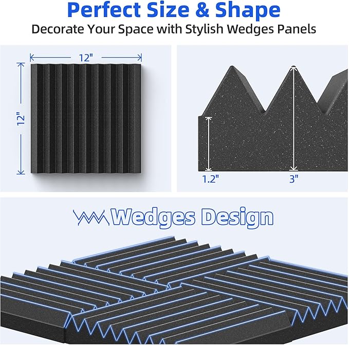 12 Pack Sound Proof Foam Panels for Wall with Self Adhesive, 3" X 12" X 12" High Density Acoustic Panels Sound Absorbing Quick-Recovery, Wedges Soundproof Wall Panels for Gaming & Studio Decor - Black