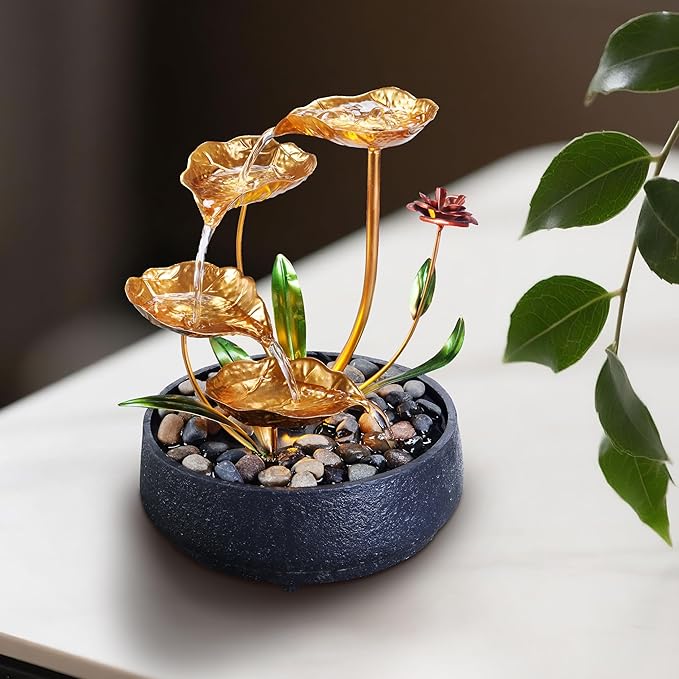 Tabletop Fountain Metal Lotus Circulating Fountain Water Feature for Zen Home Decor Warm Yellow Scene Light(23034)