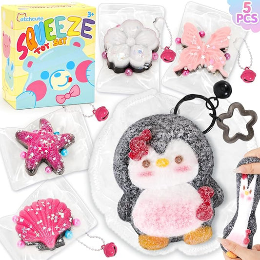 Fidget Squeeze Toys Set 5PCS, Squishies Sensory Toys Includes Penguin Starfish Seashell Flower Butterfly for Stress Relief, Sticky Toys Party Favors Birthday for Kids Teens