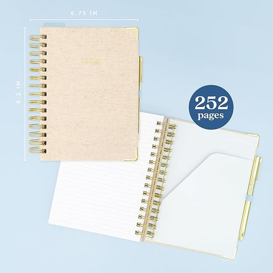 ELYN Lined Spiral Journal, Linen Hardcover Notebook with Matching Gold Gel Pen, 252 Pages, 8.2 in x 6.75 in - 100 GSM Premium Paper, Spiral Notebook for Home, Office, Notes & Gifts, (Linen)