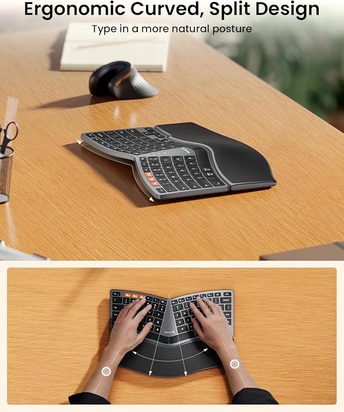 ProtoArc Bluetooth Ergonomic Keyboard, EK04 Mini Compact Wireless Ergo Split Keyboard, 80 Keys, Bluetooth and USB, Palm Rest, Natural Typing, Rechargeable, Compatible with Windows/Mac/Android