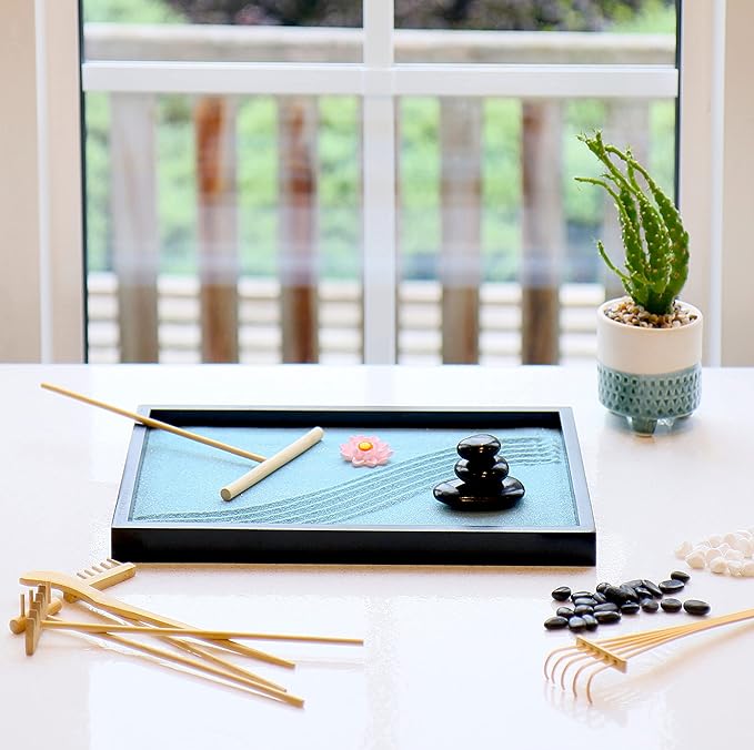 Oasis of Calm Zen Garden Kit. 11x8 Inch Beautiful Premium Japanese Decor Mini Meditation Gifts Set. Home, Office Desk Accessories. Zen Decor Sand Garden. Aqua Blue Sand, 6 Tools, 6 Features incl rocks