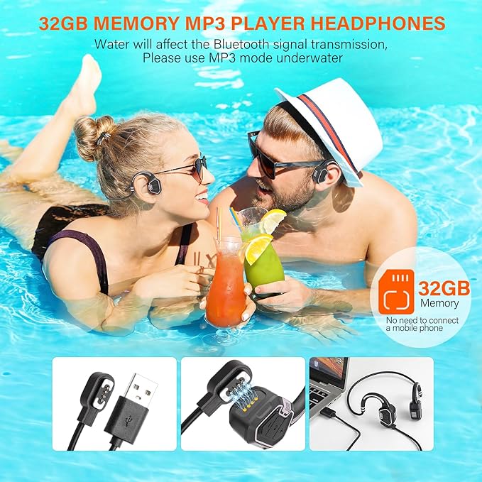 Bone Conduction Headphones Swimming Headphone - IP68 Waterproof Open Ear Headphones with MP3 Play 32G Memory Inductive Wireless Bluetooth Sports Headset for Running Swimming (Grey)