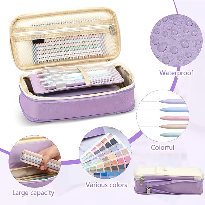 135 Pcs Book Annotation Kit Aesthetic Pencil Case Bag with 12 Highlighter 11 Gel Pen 1 Marker 300 Sheets Transparent Sticky Notes Pads 2640 Index Tabs Bible Study Supplies for School Gift(Purple)