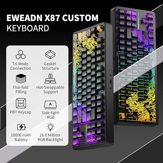 EWEADN X87 Wireless Mechanical Keyboard ASMR,10000mAh Battery, 75% Keyboard with Huano Arctic Switch BT5.0/2.4GHz/USB-C Topographic Keycaps Hot Swappable Custom Keyboards, Gasket Structure-Black
