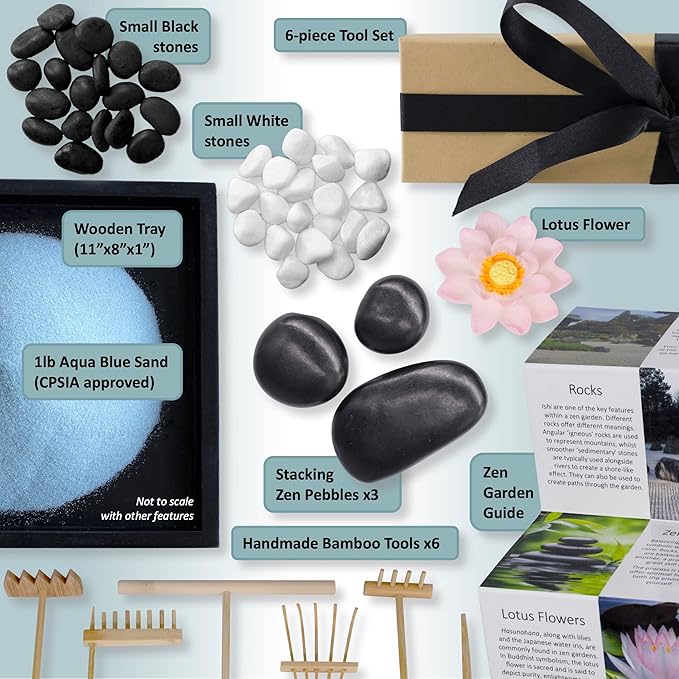 Oasis of Calm Zen Garden Kit. 11x8 Inch Beautiful Premium Japanese Decor Mini Meditation Gifts Set. Home, Office Desk Accessories. Zen Decor Sand Garden. Aqua Blue Sand, 6 Tools, 6 Features incl rocks