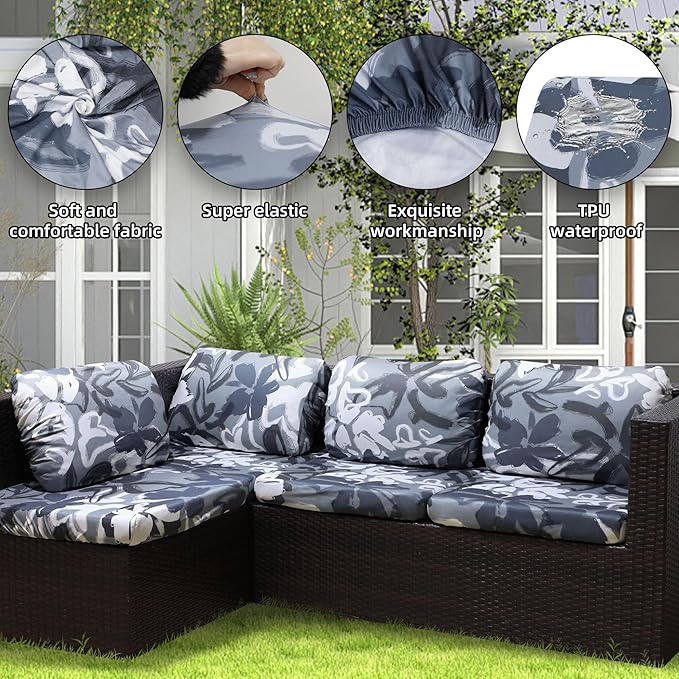 8Pcs Stretch Patio Cushion Covers Outdoor Cushion Cover, Jacquard Stretch Cushion Covers, Cover Replacement, Outdoor Sofa Covers, Washable Furniture Couch Cushion Cover (Grey Flower)