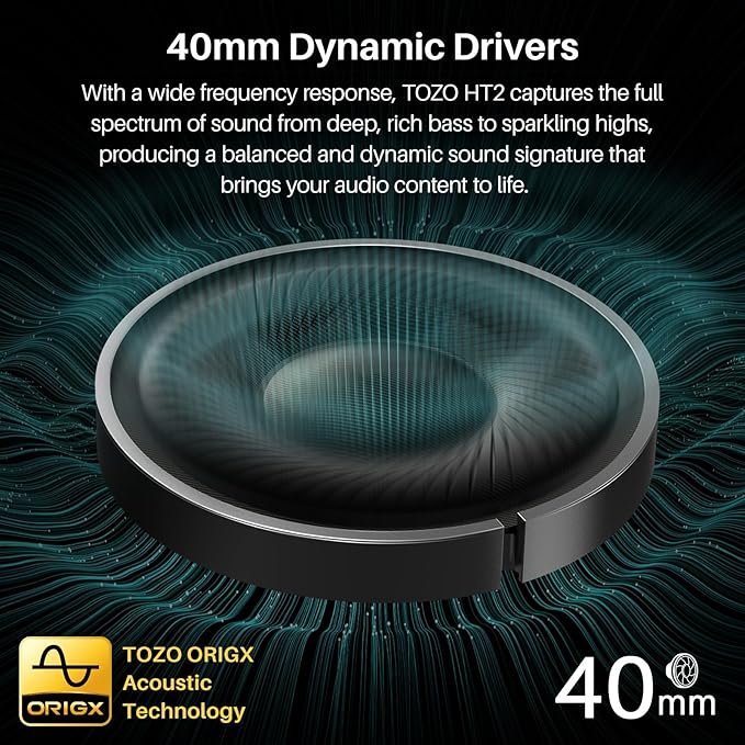 TOZO HT2 Hybrid Active Noise Cancelling Headphones, Wireless Over Ear Bluetooth Headset, 60H Playtime, Hi-Res Audio Custom EQ via App Deep Bass Comfort Fit Ear Cups, for Home Office Travel Black