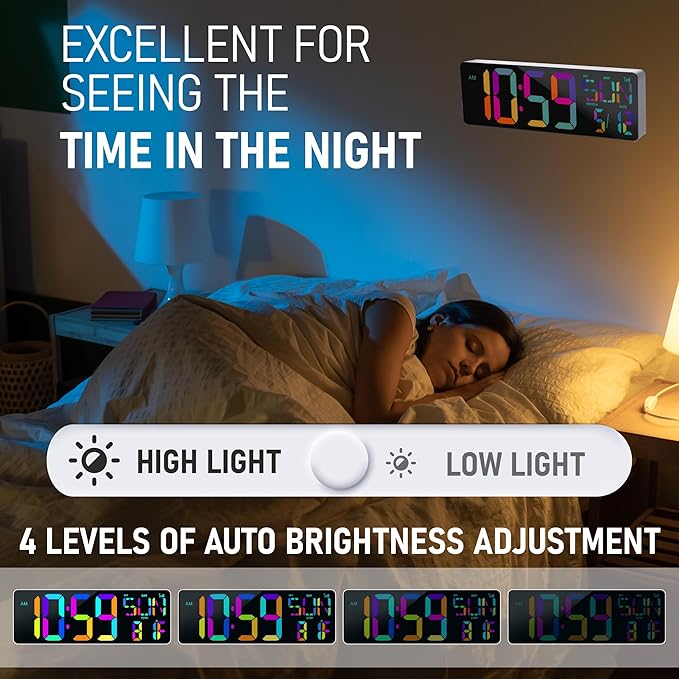 TXL 13.7" Bluetooth Large LED Digital Wall Clock with Night Light, 11 RGB Color Changing, Count Up/Down Timer Clock with Remote Control, Adjustable Brightness Wall Clock for Home, Office, Auto DST.