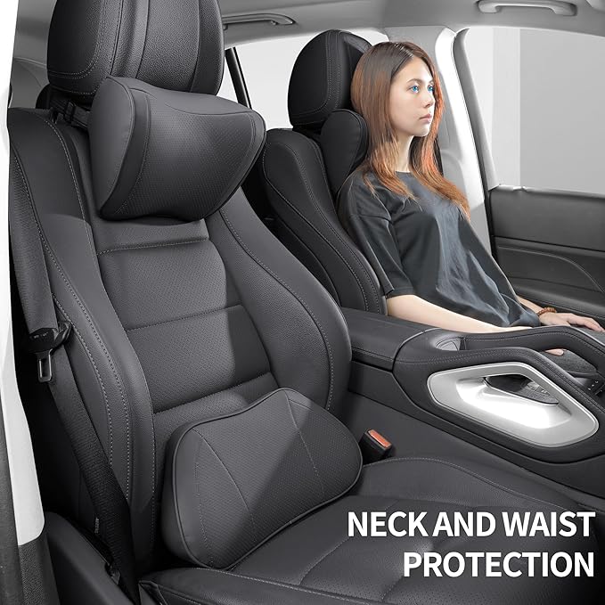 Lumbar Support Pillow for Car, Premium Leather Memory Foam Lumbar Cushion for Lower Back Pain Relief, Universal Back Support for Driving, Home & Office Chairs, Black, 1 Pack