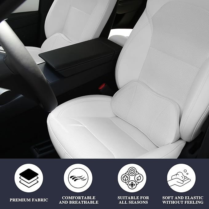 Lumbar Support Pillow for Car, Premium Leather Memory Foam Lumbar Cushion for Lower Back Pain Relief, Universal Back Support for Driving, Home & Office Chairs, White, 1 Pack