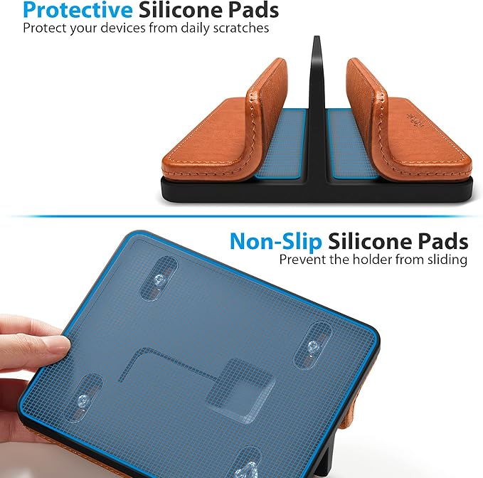 Leather Vertical Laptop Stand,Dual Laptop Holder Stand,Laptop Organizer with Adjustable Dock (18-26mm/0.7-1 in) for All MacBook/Tablet/Surface/Dell/iPad (Brown)