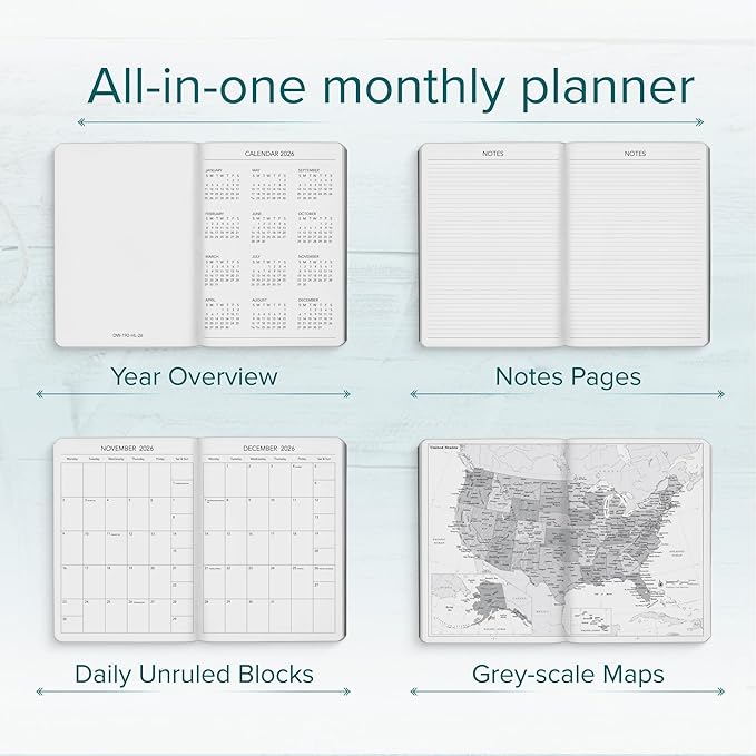 Harbor Desk Weekly Monthly Planner 2025-2026 - Calendar Planner and Notebook, Durable Faux Leather, 192 Pages, Softcover & Book Bound - Cambridge Black - 8x5.5"