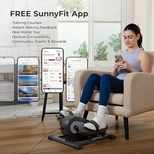 Sunny Health & Fitness Smart Mini Elliptical Trainer, Indoor Under-Desk Pedal Exerciser for Mobility & Cardio Workout, Free SunnyFit App Connection, Optional Motorized w/Remote Control