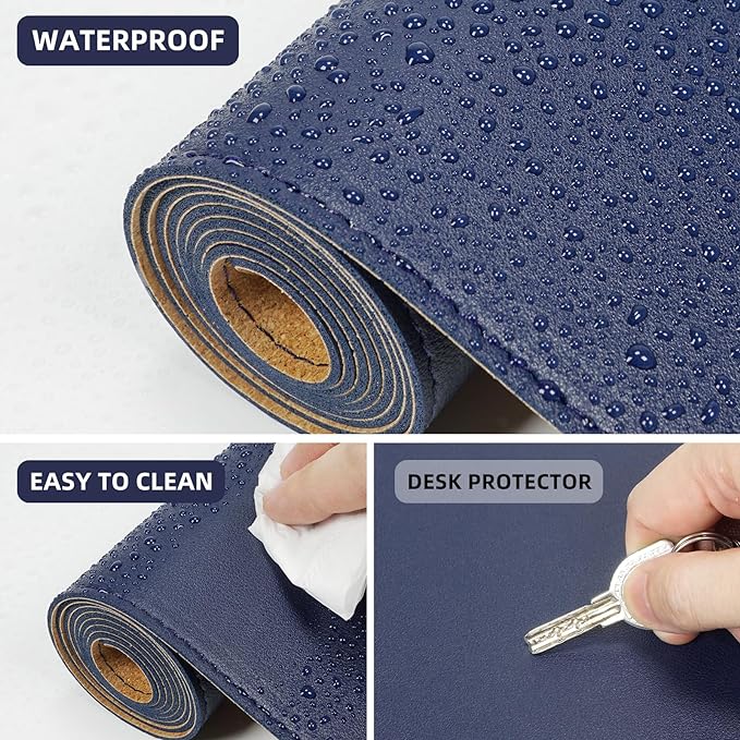 AFIING Dual-Sided Desk Pad, Natural Cork & PU Leather, Desk Mat Protector Non-Slip, Waterproof, Easy Clean,Large Mouse mats for Office and Home Work(Blue, 31.5"x17")