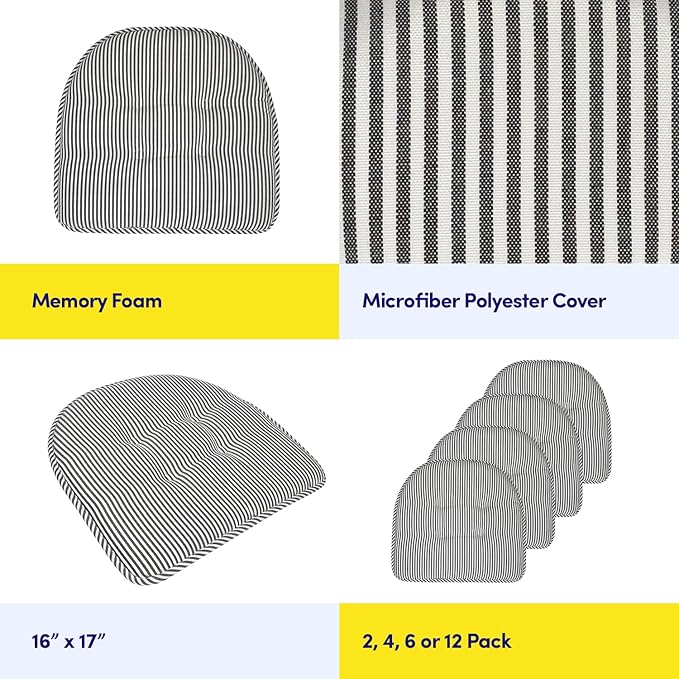 Sweet Home Collection Chair Cushion Memory Foam Pads Tufted Slip Non Skid Rubber Back U-Shaped 17" x 16" Seat Cover, Pinstripe Charcoal 4 Count