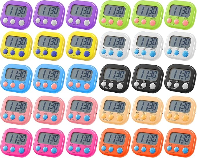 Weewooday 30 Pcs Magnetic Digital Timers for Classroom Multi Function Electronic Kitchen Timer Large Digits Countdown Stopwatch Loud Alarm for School Learning Cooking Study Work Game (10 Colors)