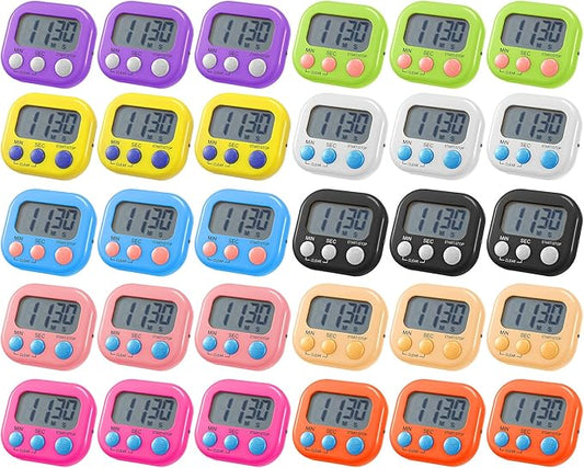 Weewooday 30 Pcs Magnetic Digital Timers for Classroom Multi Function Electronic Kitchen Timer Large Digits Countdown Stopwatch Loud Alarm for School Learning Cooking Study Work Game (10 Colors)