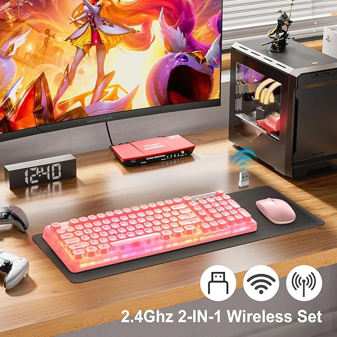 Pink Light Up Keyboard and Mouse Wireless,Cute 2.4Ghz Cordless Rechargeable Transparent Clear Backlit Keyboard,15 Backlight Effects,Volume Knob,RGB Mouse with 3 DPI for Mac Computer PC Laptop Desktop