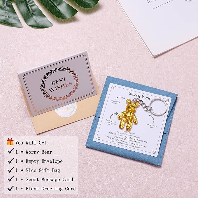 Worry Bear, Pocket Bear Hug, Anxiety Gifts for Women Men, Mental Health Positivity Gift, Stress Reliefs Gifts for Her, Thoughtful Gift for School Anxiety, Gold