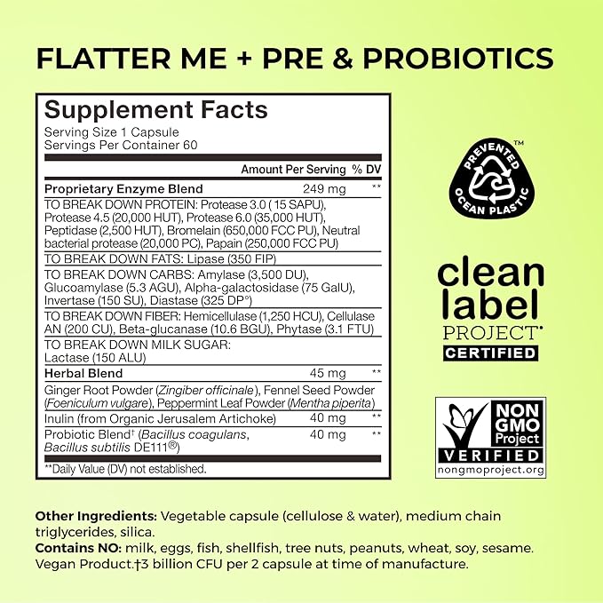 HUM Flatter Me Digestive Enzymes Plus Prebiotics & Probiotics, Digestive Health Bloating Supplement for Women & Men, Fast Acting Anti Bloat Pills Multi Enzyme for Debloating, Vegan, 60 Capsules