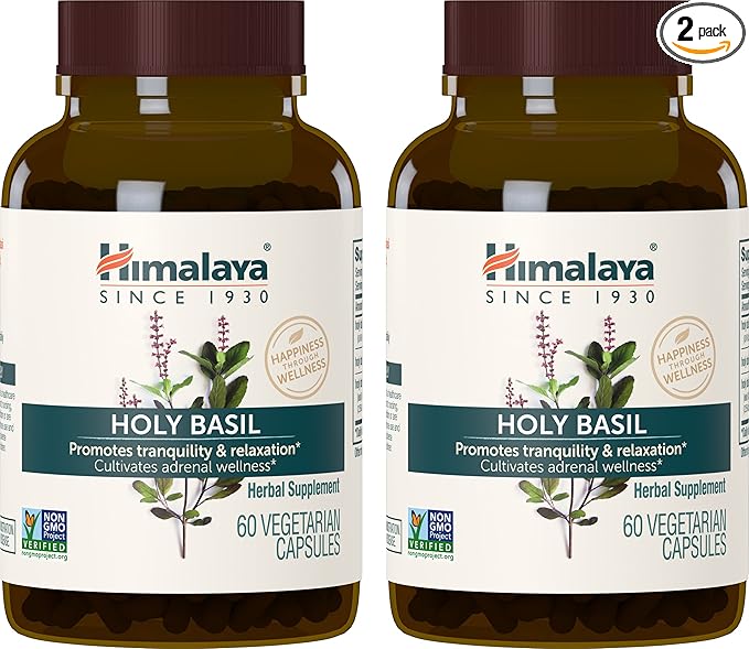 Himalaya Holy Basil, 60 Day Supply - Herbal Adrenal Support for Stress Relief, Relaxation, Energy Support and Occasional Sleeplessness - Vegan, Non-GMO, Gluten Free, 720 mg, 60 Capsules, Pack of 2
