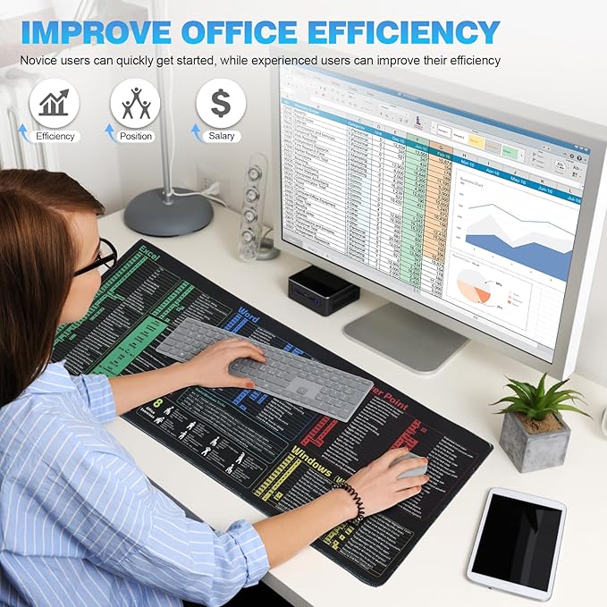 Office Shortcut Mouse Pad - 200+ Hotkeys for Excel/Word/PPT/Windows, 31.5"×11.8" XL, Waterproof Anti - Slip Stitched Edge, 8 Desk Exercises for Efficiency