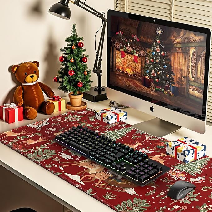 iCasso Christmas Desk Mat, Large Mouse Pad With Stitched Edges, Anti-Slip Big Mousepad for Desktop, Office Set for Women (Red)