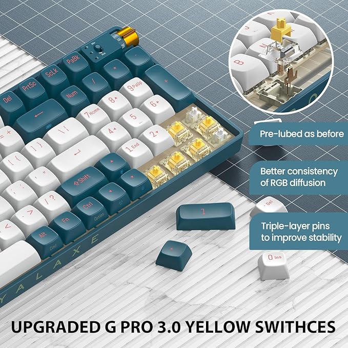 R100 Wireless Mechanical Keyboard, G Pro 3.0 Yellow Switch, Hot Swappable Wired/Bluetooth/2.4G Wireless Keyboard with RGB Light for Windows & Mac, PBT Keycaps, Whale Blue