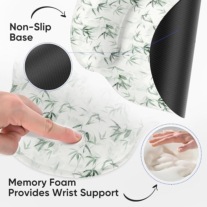 RICHEN Ergonomic Mouse Pad with Wrist Support,Non-Slip Rubber Base for Computer Laptop & Mac,Lightweight Rest for Home,Office & Travel (Bamboo Leaf)