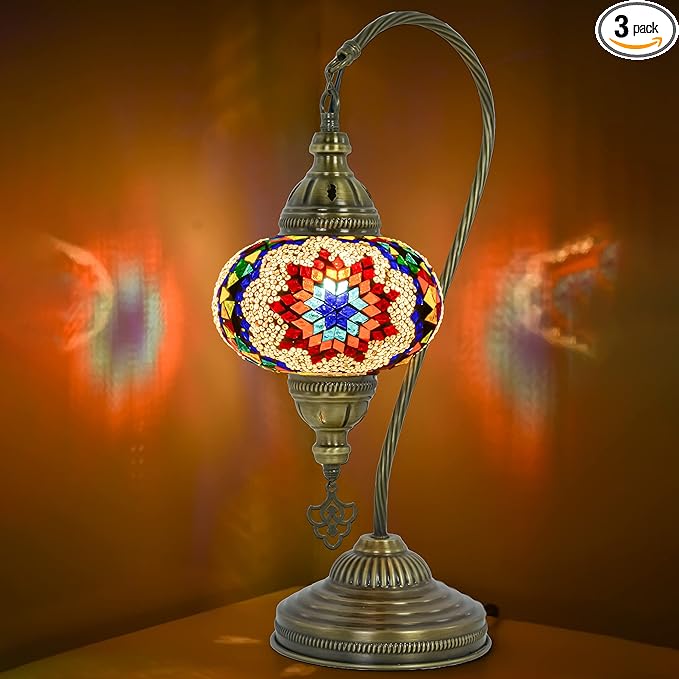 mozaist Turkish Moroccan Gooseneck Table Lamp, Mosaic Stained Glass Bedside Decor, Multicolor Swan Neck Rustic Handmade Home Decorative Light with E12 Socket & US Plug (Mix Star)