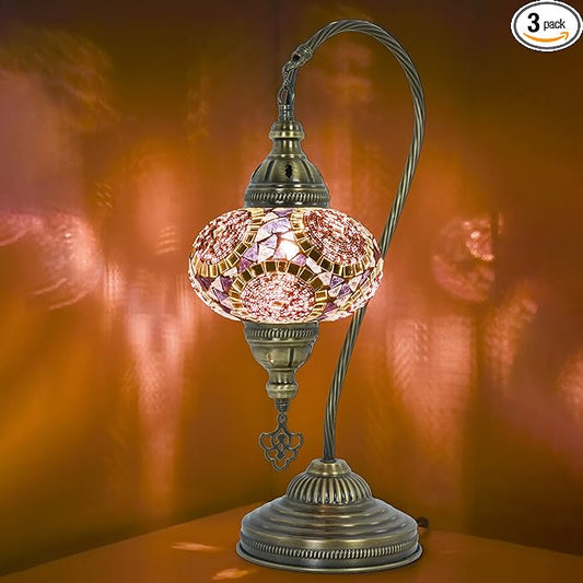 mozaist Tiffany Style Mosaic Table Lamp, Turkish Moroccan Authentic Desk Light for Rustic Living Room Decor, Handmade Vintage Antique Mosaic Decorative Light with E12 Socket & US Plug (Purple)
