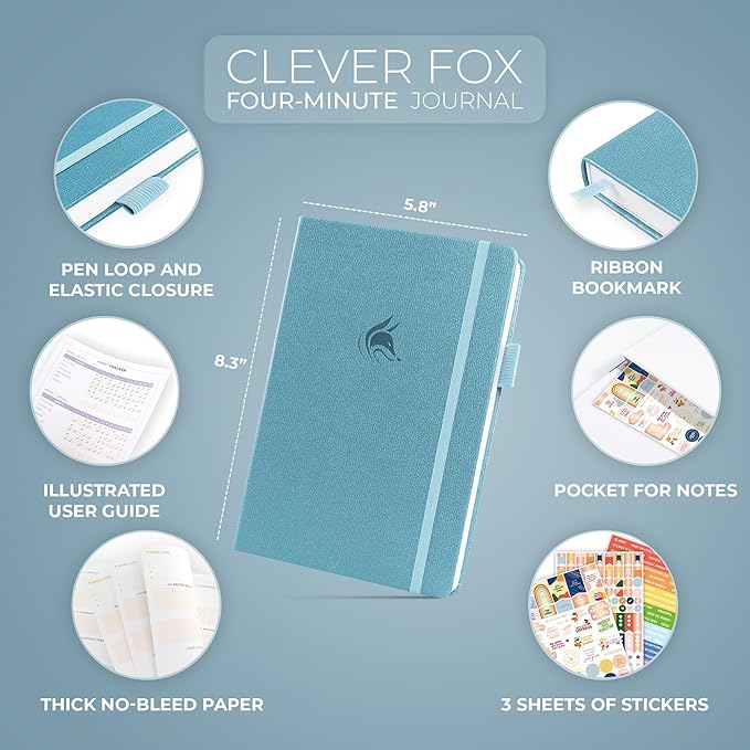 Clever Fox Four-Minute Journal – Daily Positivity Journal with Prompts – Motivational Affirmation, Mental Health & Habit Tracker (Aquamarine)