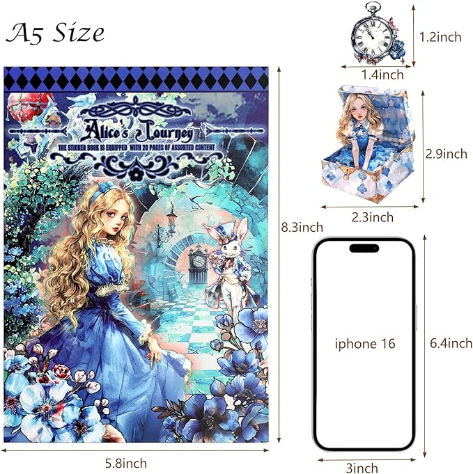 AVECMOI Alice in Wonderland Scrapbooking Sticker Book for Girls, 234 Vintage Fantasy Junk Journaling Stickers, Cute Mystery Sticker Set for Gifts, Party Favor, Card Making, Craft Supplies (Blue)