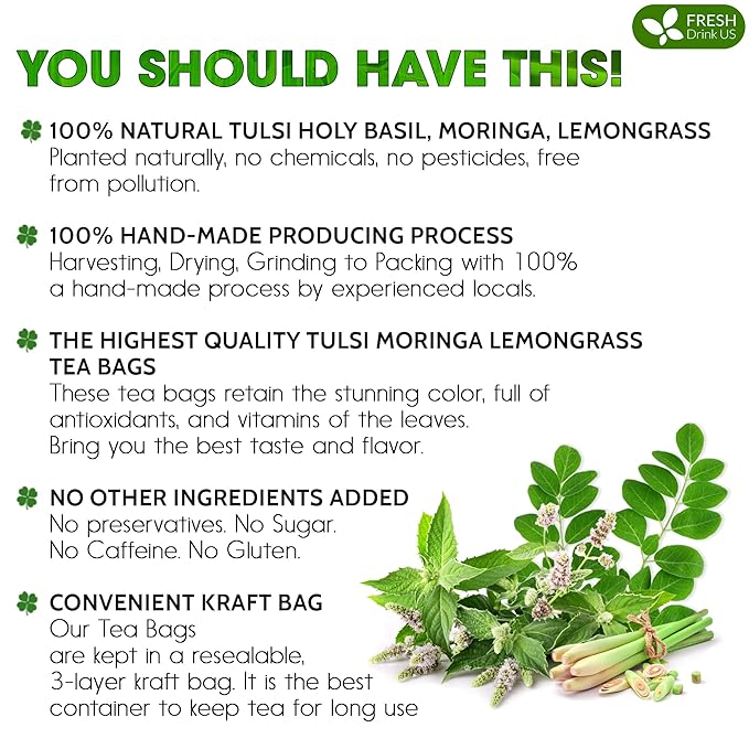 FreshDrinkUS, Premium 30 Tea Bags Tulsi Moringa Lemongrass, 100% Natural & Pure from Tulsi Holy Basil Leaves, Moringa & Lemongrass. Made with Natural Material Tea Bags. No Sugar, No Caffeine, Vegan.