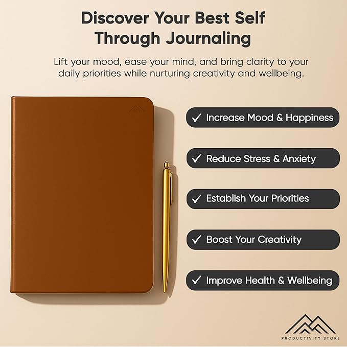 PRODUCTIVITY STORE Best Daily Journal for Men & Women for Mindfulness | Gratitude Journal, Manifestation Journal, Self-Care Journal & Daily Journal with Prompts (Brown)