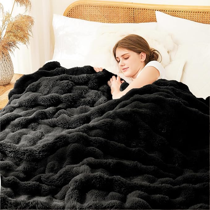 L'AGRATY Faux Rabbit Fur Blanket: 60" x 80" Twin Luxury Soft Fluffy Thick Fur Throw Blanket for Couch Bed Sofa - Cozy Plush Bubble Blankets for Winter: Flannel Fleece Decorative Blanket(Black)