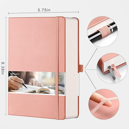 EMSHO A5 Hardcover Leather Dotted Journal - 320 Page Dot Grid Notebook for Women & Men, 100GSM Thick Paper, Ideal for Bullet Journaling, Work Notes, Sketching, Diary, School & Travel-pink
