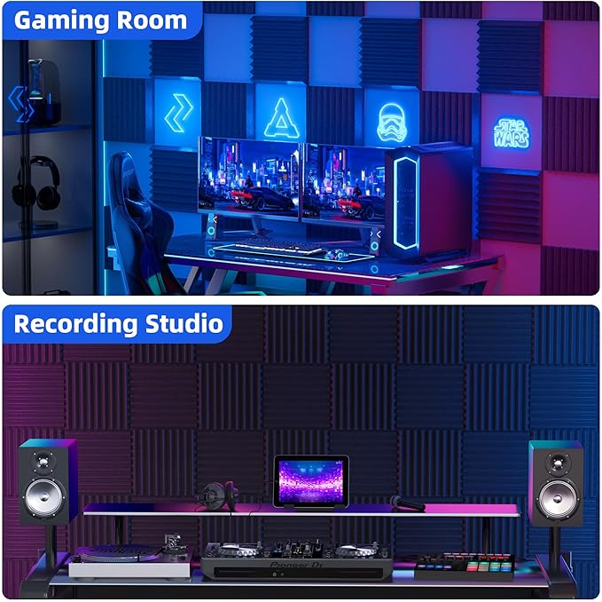 12 Pack Sound Proof Foam Panels for Wall with Self Adhesive, 2" X 12" X 12" High Density Acoustic Panels Sound Absorbing Quick-Recovery, Wedges Soundproof Wall Panels for Gaming & Studio Decor - Black