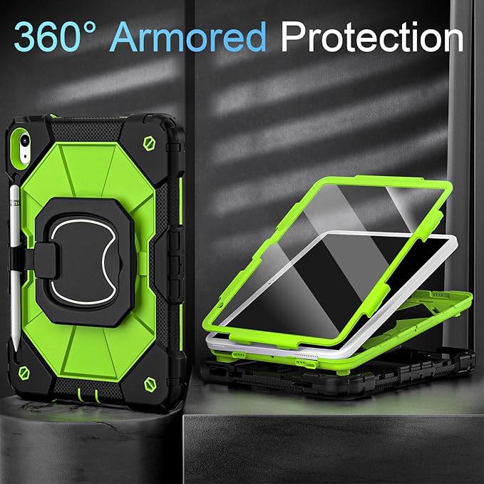 Case for iPad (A16) 11th Generation 11 Inch (2025) /iPad 10th Generation 10.9 Inch (2022) with Rotating Stand Screen Protector,Heavy Duty Shockproof Cover for i Pad 10th Gen Case,Black Green