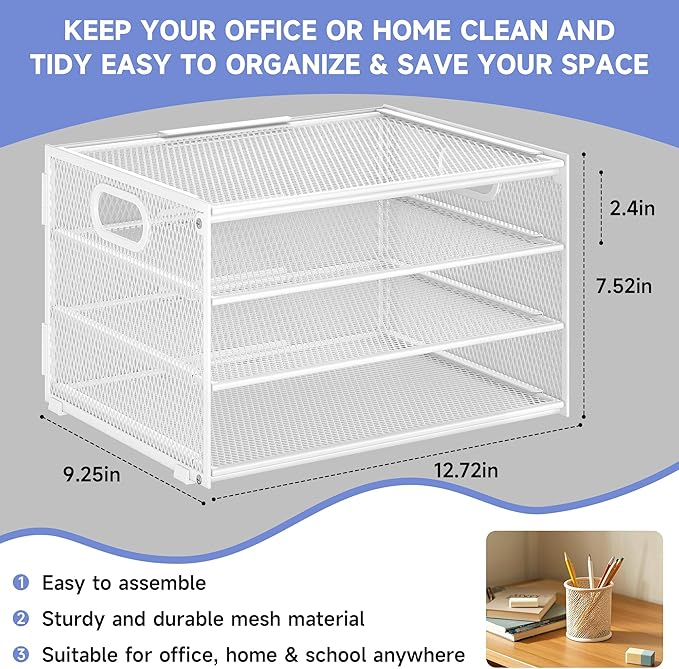 Subekyu Paper Letter Tray Organizer for Desk, White Metal Mesh Desk File Sorter Organizer with Handle and 2 Sliding Trays for Home Office School Supplies Organization