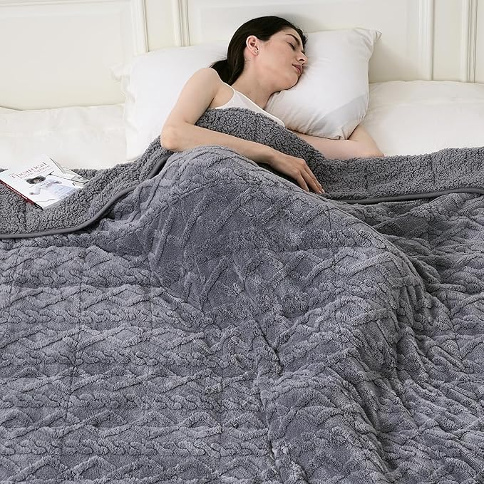 Topblan Weighted Blanket Twin Size 12 lbs, Soft Weighted Blanket with Doubled-Sized Shaggy Sherpa, Jacquard Knitted Stylish Warm Weighted Blankets Throw for Better Sleep, Grey, 48 x 72 inches