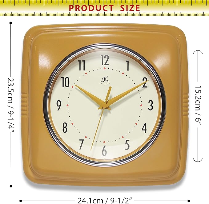 Infinity Instruments Retro – 9-Inch Square Silent Non-Ticking Mid-Century Modern Wall Clock – Vintage Decorative for Kitchen, Office, or Diner – Saffron
